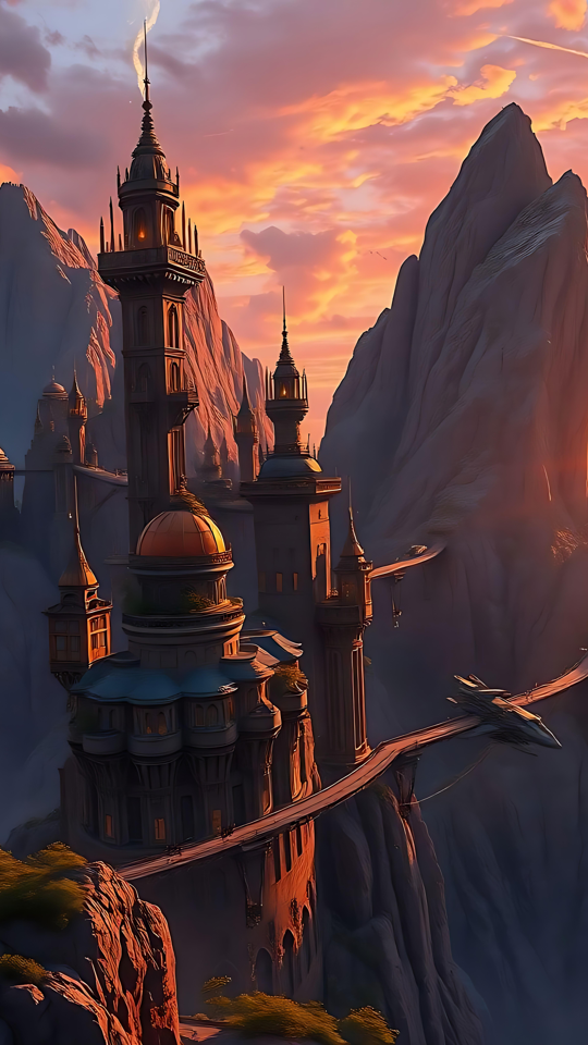 Castelo de fantasia em 3D de tirar o fôlego ao pôr do sol Um castelo de fantasia em 3D ao pôr-do-sol rodeado por montanhas e veículos voadores futuristas.