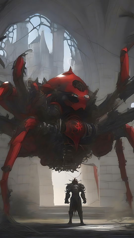 Guerrier d'anime confrontant une araignée gigantesque dans des ruines Guerrier d'anime confrontant une araignée colossale dans une cathédrale en ruines