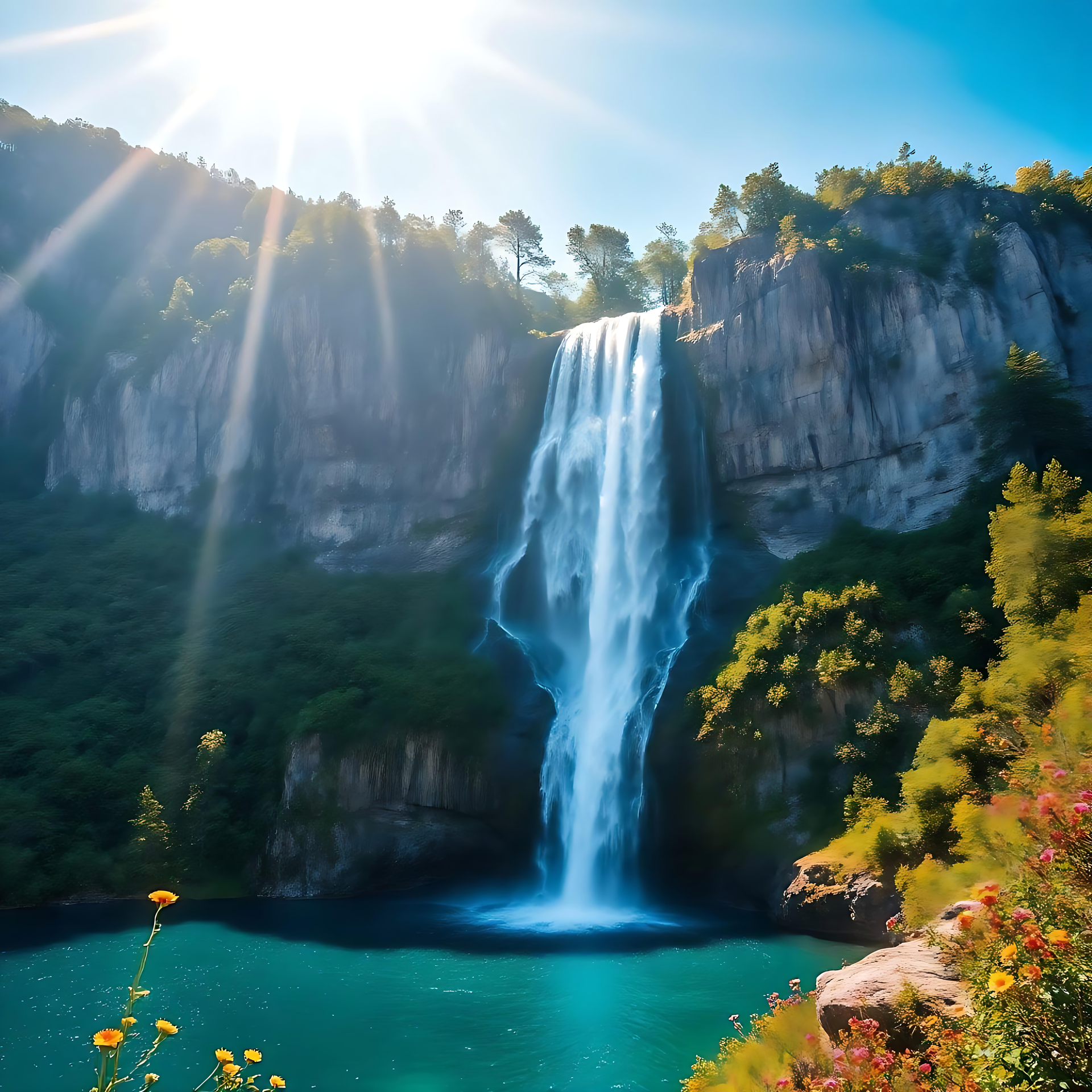 Sunlit Waterfall Amidst Peaceful Wilderness A majestic waterfall with sunrays piercing through a green wilderness, flowing into a clear blue pool.