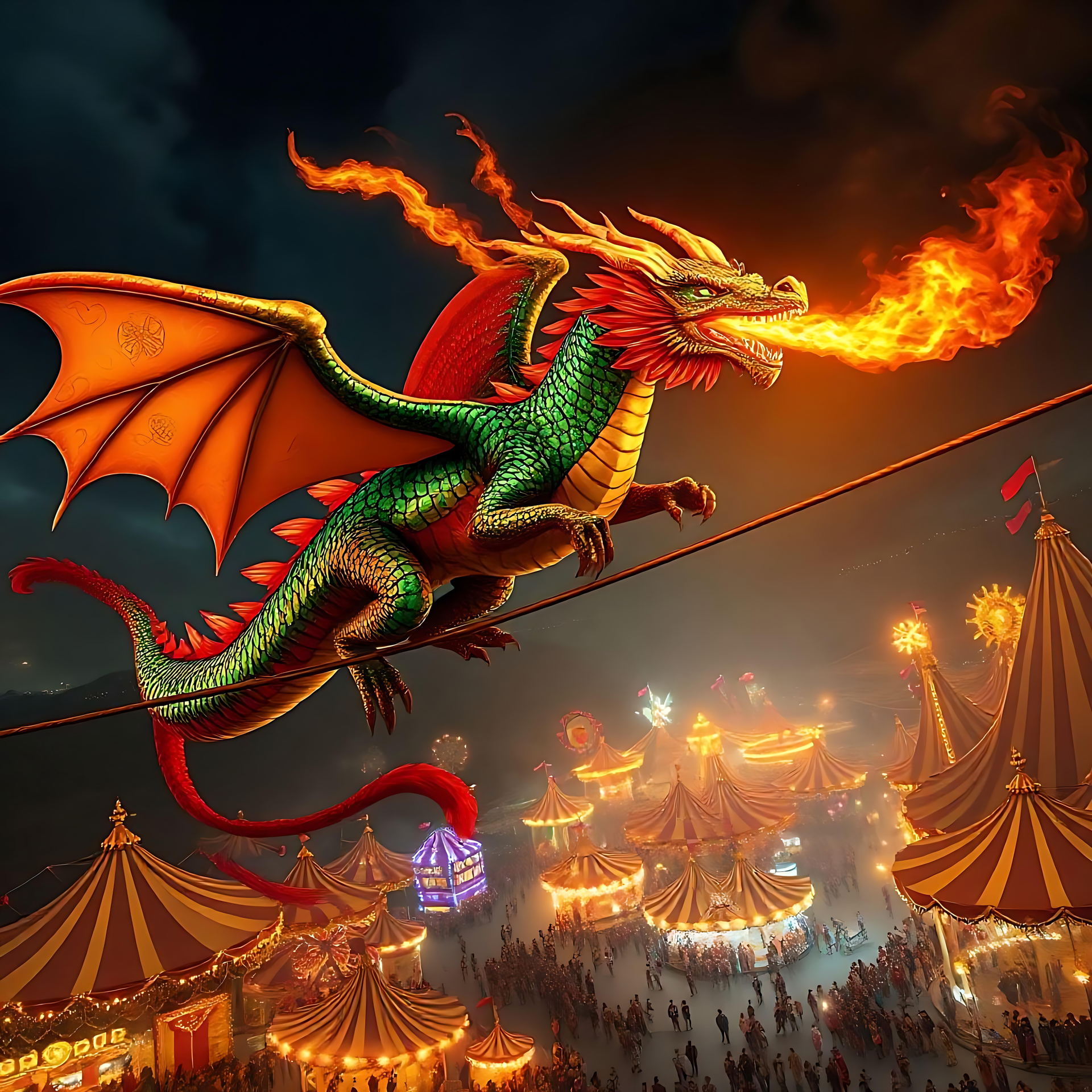 Un dragón de fuego planeando sobre un carnaval mágico Un dragón de fuego sobrevolando una escena de carnaval vibrante y mágica por la noche.