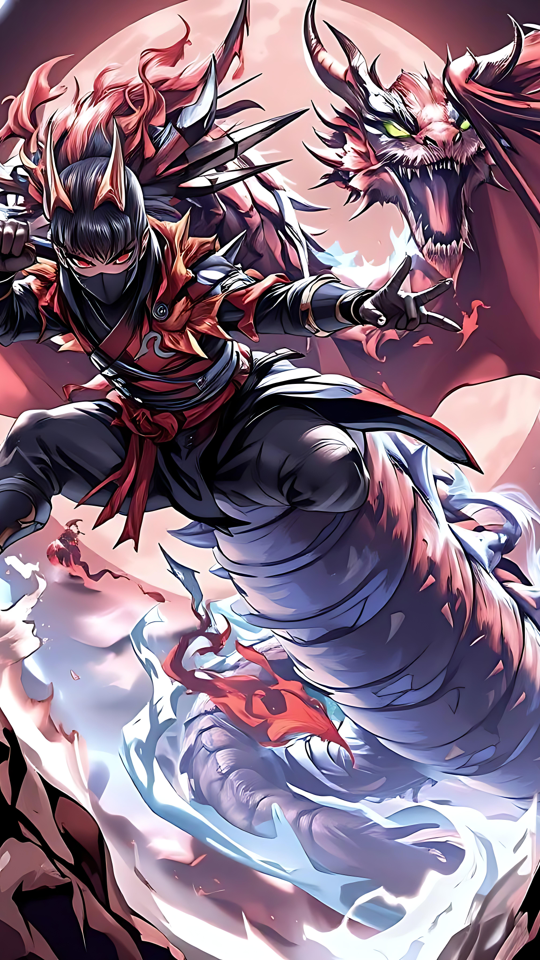 Barsk Ninja Rider Ildfuld Drage Under Den Blodrøde Måne En frygtindgydende ninja, der rider en ildfuld drage under en glødende rød måne i anime-stil.