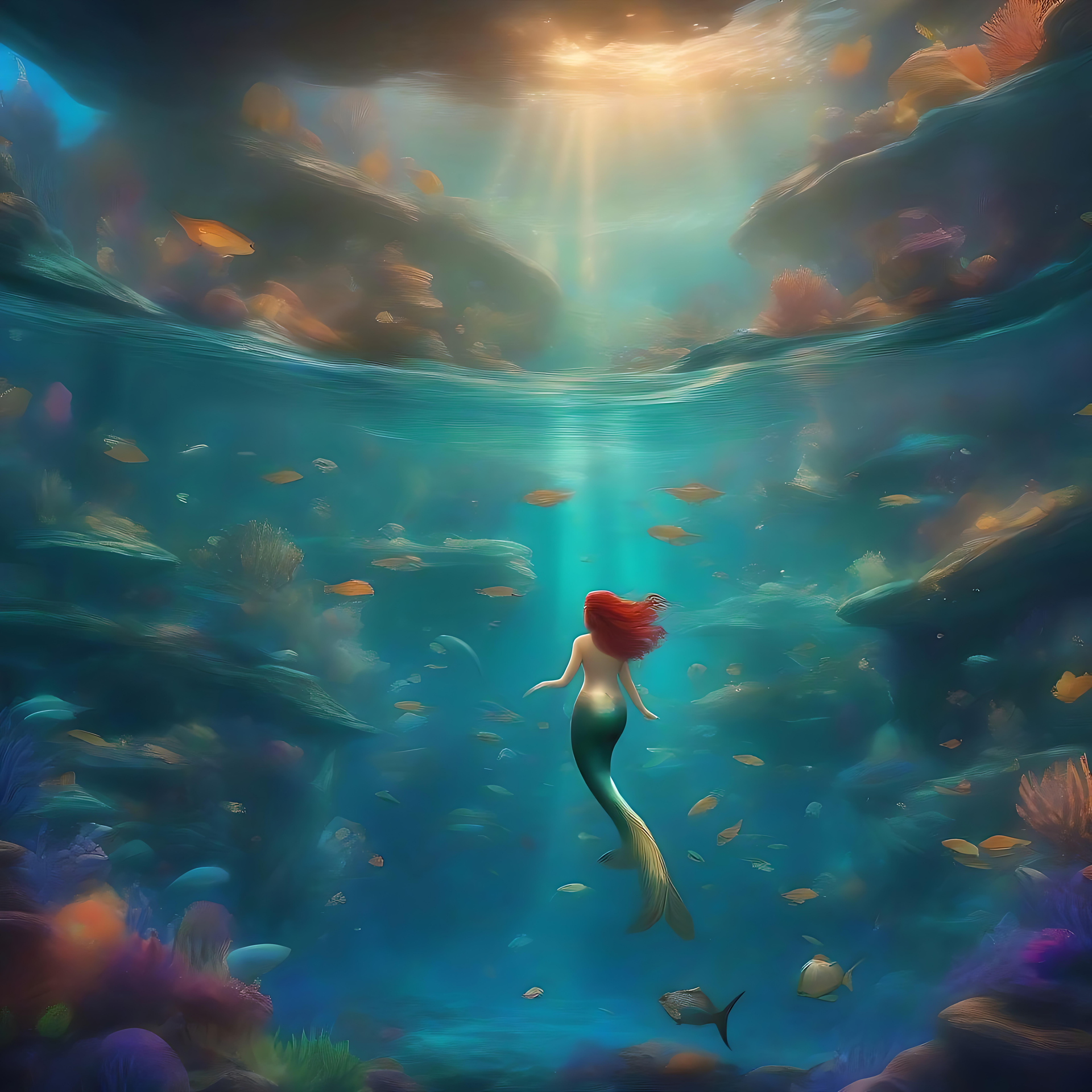 El viaje de una encantadora sirena bajo el océano Una vibrante escena submarina con una sirena ascendiendo hacia la luz del sol, rodeada de colorida vida marina y arrecifes de coral.