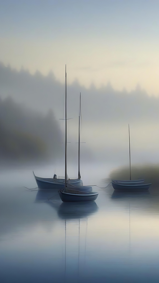 Serena Mañana Neblinosa en un Lago Escena de lago neblinoso por la mañana con tres barcos y horizontes brumosos rodeados de aguas tranquilas y árboles.