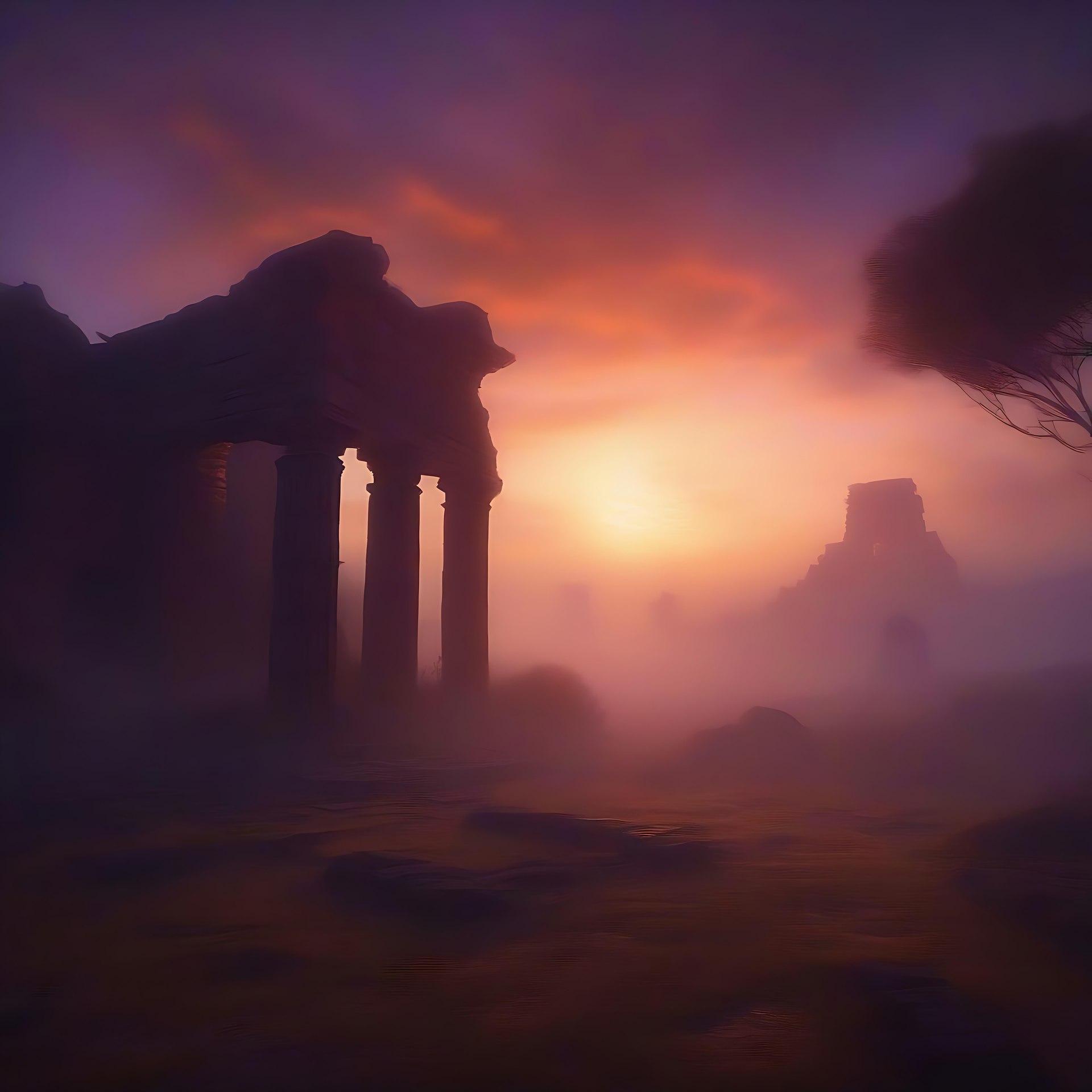 Mystical Sunset Over Ancient Ruins Ancient ruins at sunset under a vibrant mystical sky