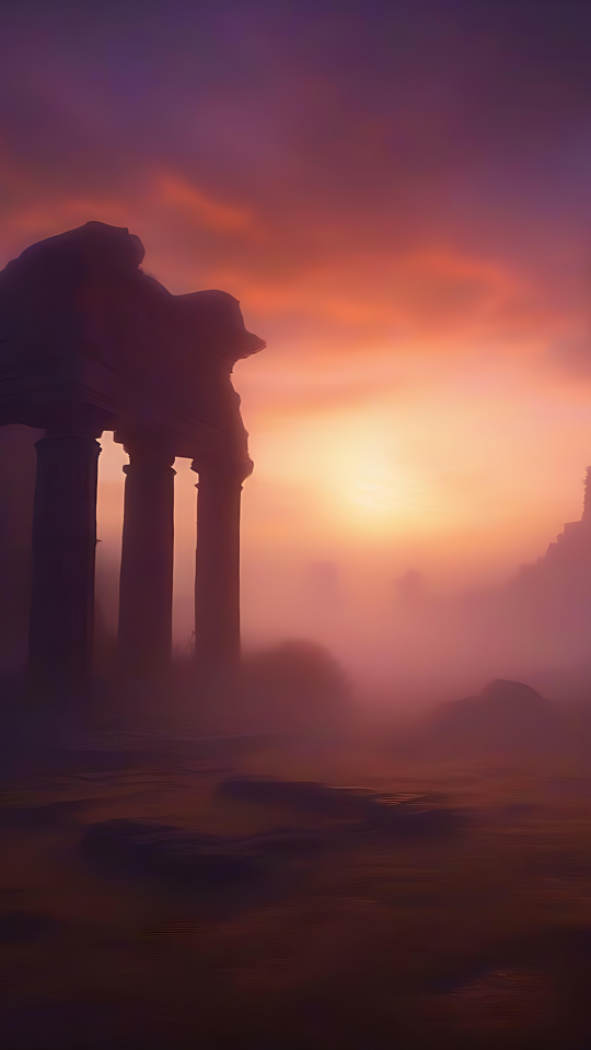 Misteriosa puesta de sol sobre antiguas ruinas Ruinas antiguas al atardecer bajo un vibrante cielo místico.