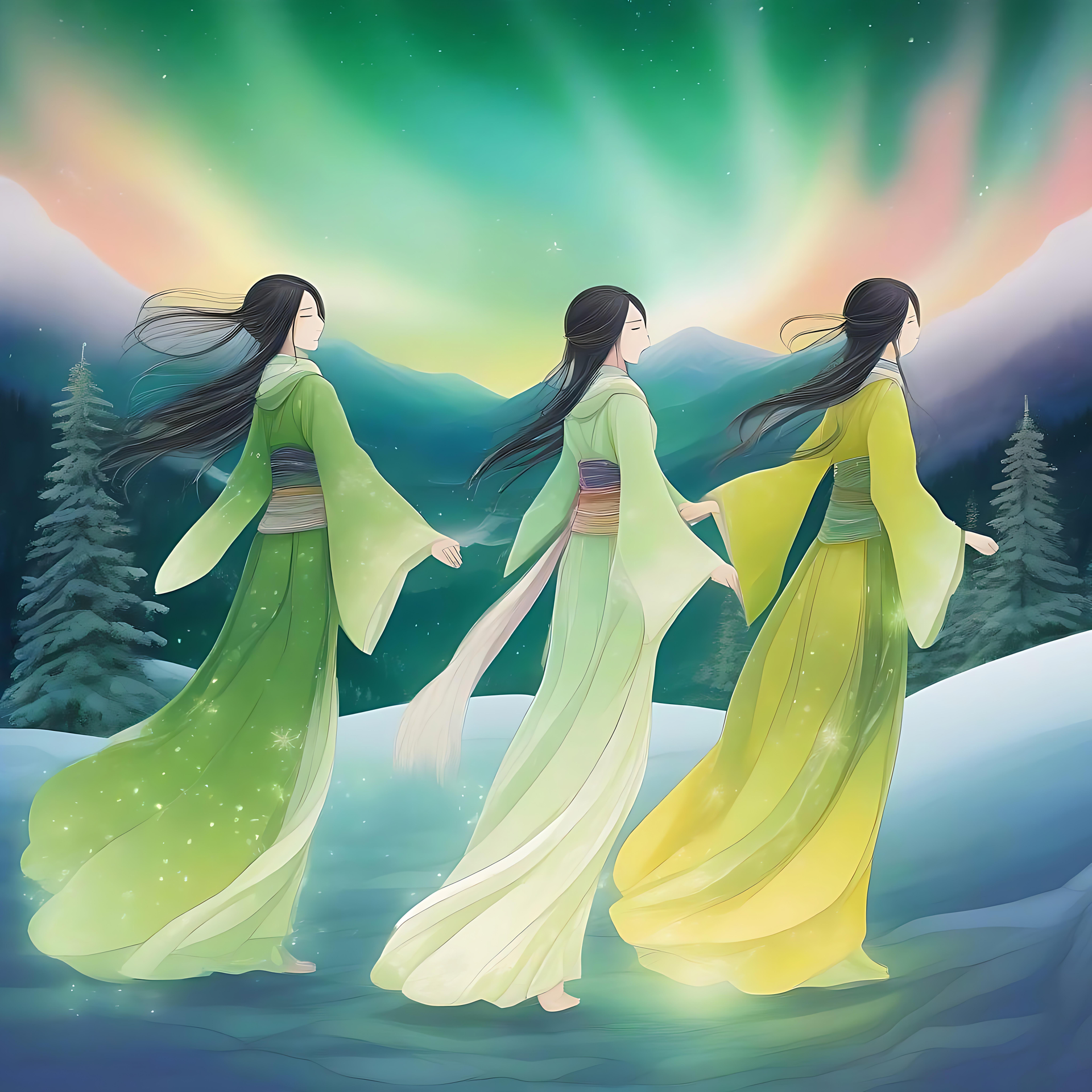 Kaunis anime-trio pohjoisvalon alla Kolme naista vihreissä kimonoissa aurora borealisin alla.
