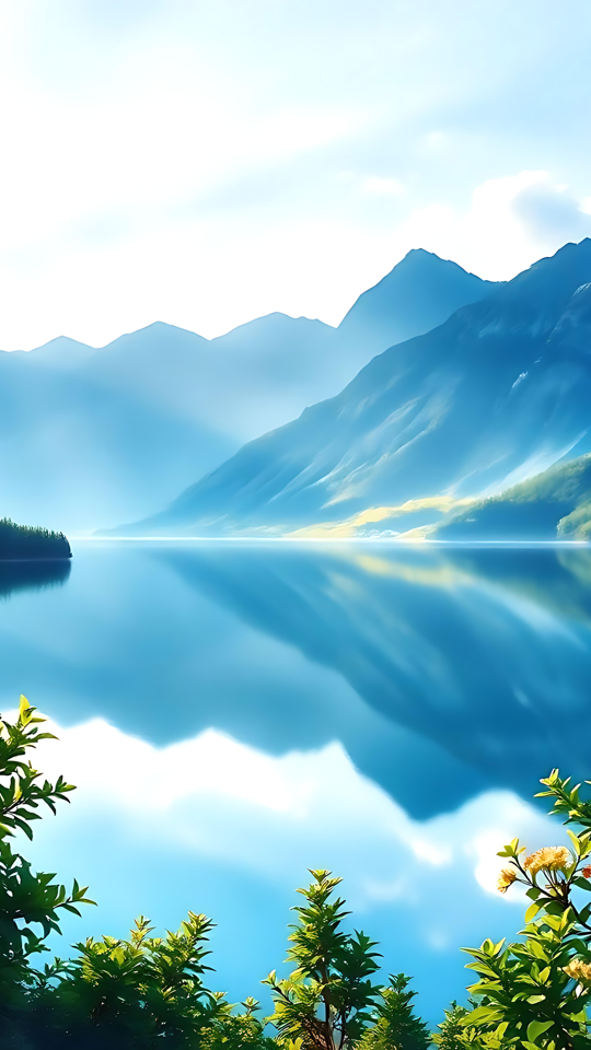 Breathtaking 3D Alpine Lake in Perfect Serenity 3D artwork of a mountain landscape with a serene lake and lush greenery