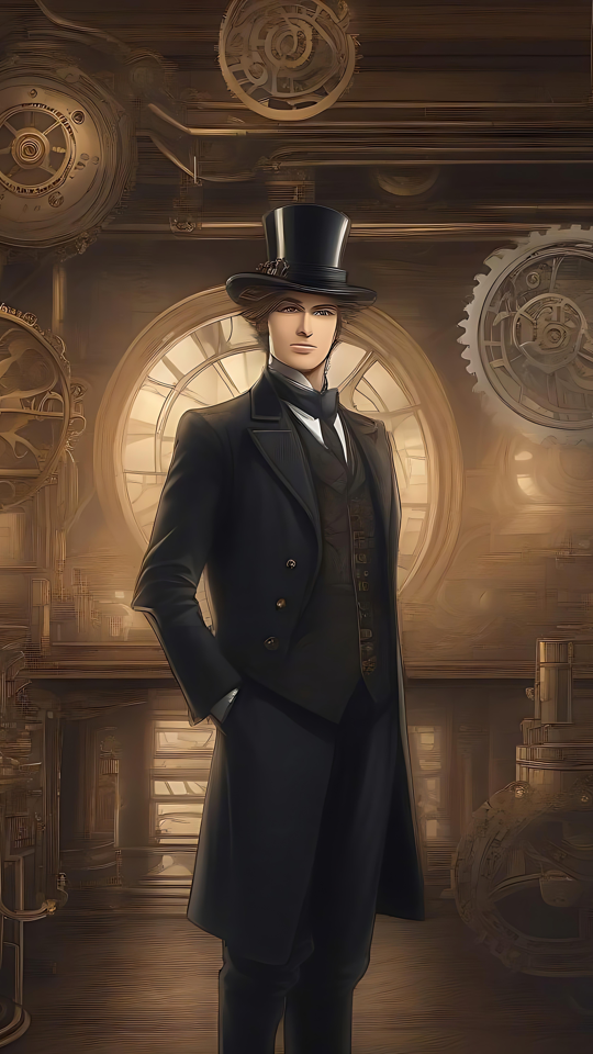 Dişli Dolu Bir Atölyede Gizemli Steampunk Beyefendi Dişliler ve mekanik detaylarla dolu vintage bir atölyede duran steampunk beyefendi.