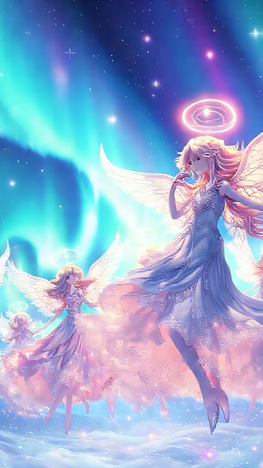 Fantasia Anime Angelical: A Tela Divina da Aurora Personagens de anime angelicais iluminados sob luzes brilhantes da aurora em um cenário de fantasia.