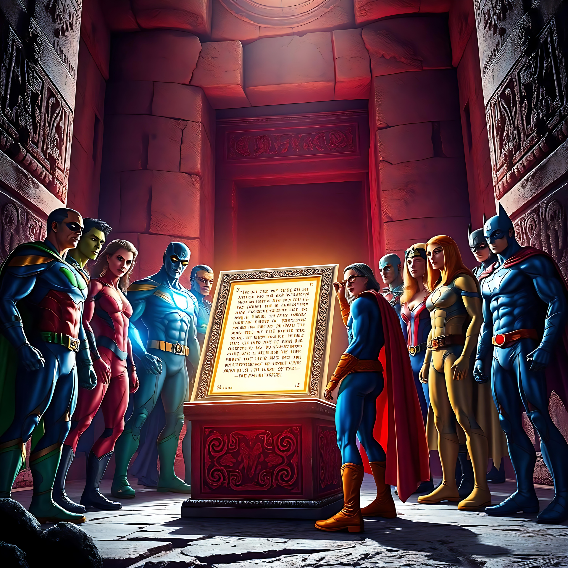 An Iconic Assembly of Superheroes Illuminated by Mystery Illustration of a group of superheroes gathering in an ancient stone chamber around a glowing mystical tablet.