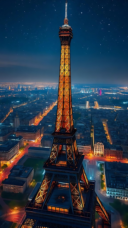 Uma Vista Noturna Deslumbrante da Torre Eiffel Torre Eiffel brilhando à noite cercada pela paisagem urbana iluminada de Paris