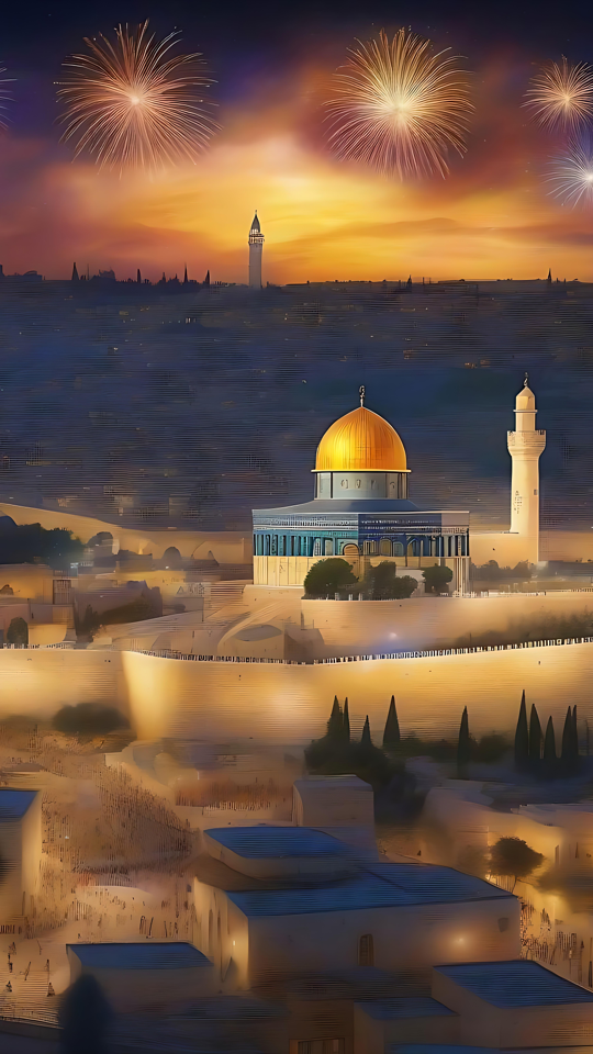 Hanukan hehku Jerusalemin Yllä Kallion kultainen kupoli Jerusalemissa ilotulitusten kera Hanukan aikana.