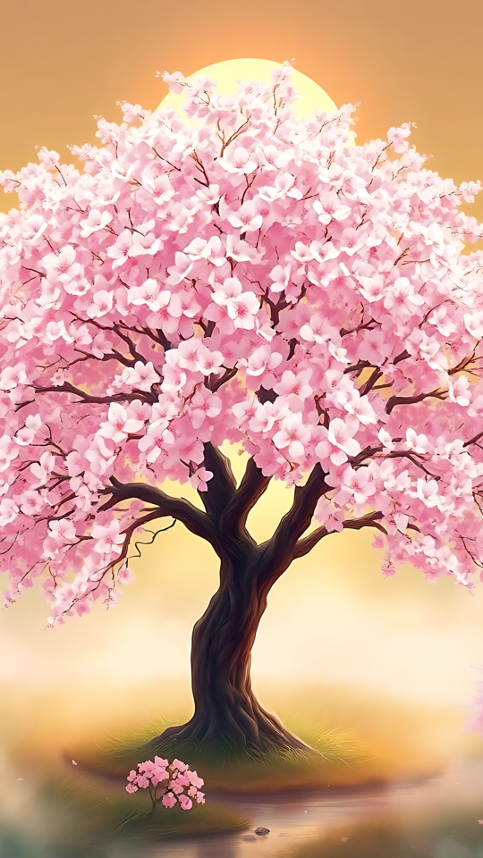 Elegant Anime Sakura Træ i Blomst Et strålende anime-Sakuratræ i fuldt flor under en gylden solopgang med tåge omkring basen.