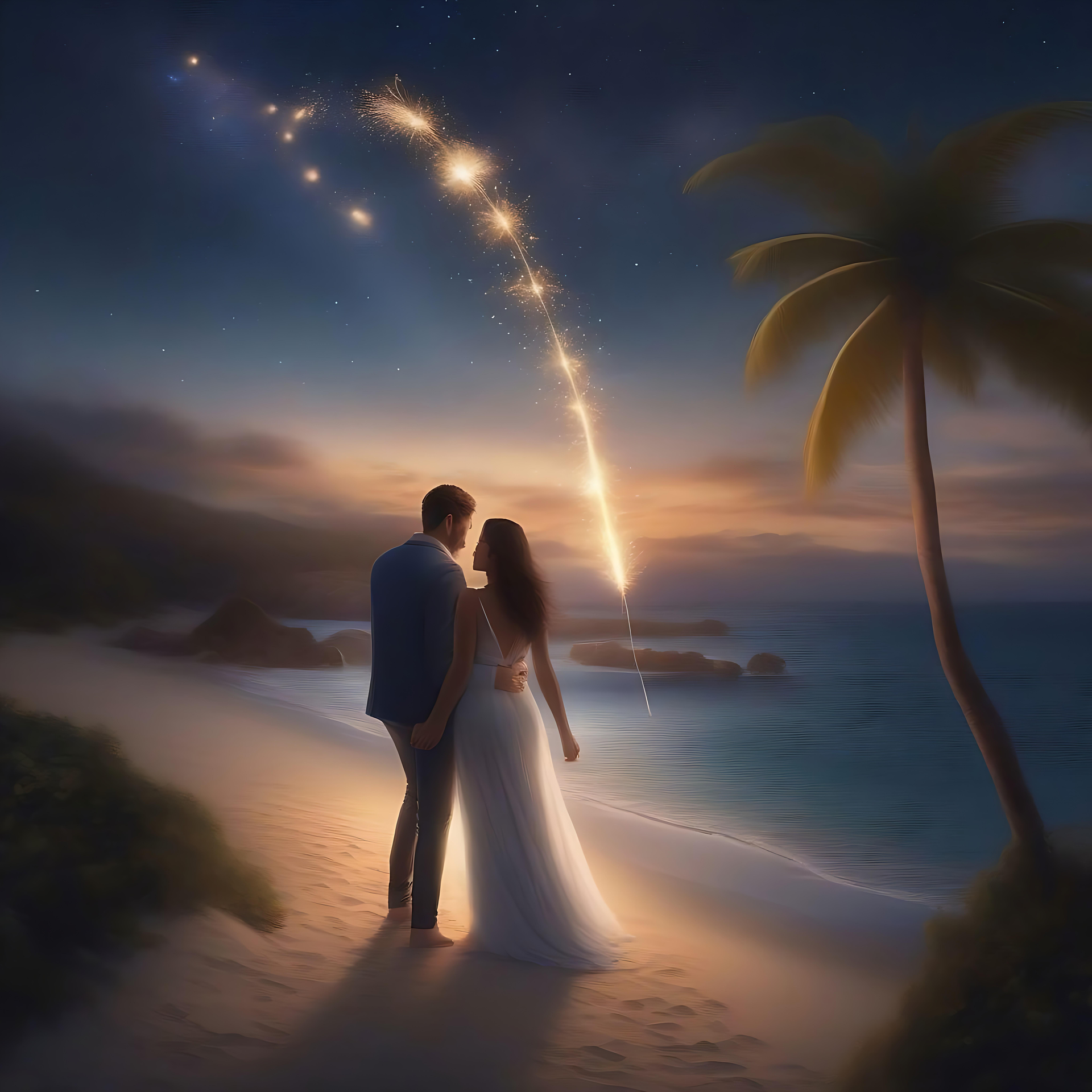 Newlyweds Under a Firework-Lit Sky A romantic scene of a bride and groom on a beach under a sky lit by fireworks.