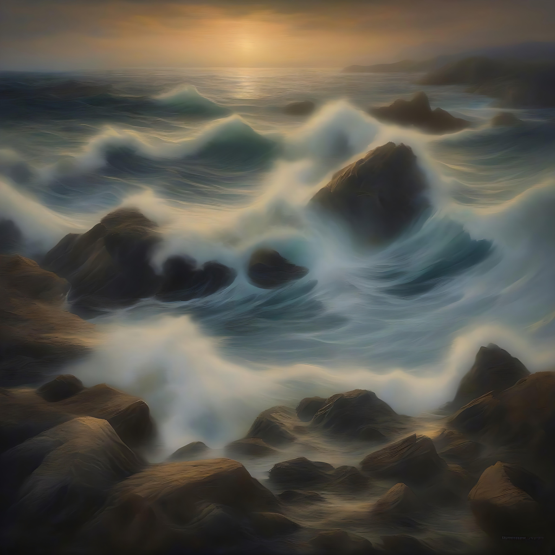 Pôr do Sol Majestoso sobre Ondas Turbulentes do Oceano Ondas do mar quebrando contra formações rochosas sob um céu dourado ao pôr do sol.