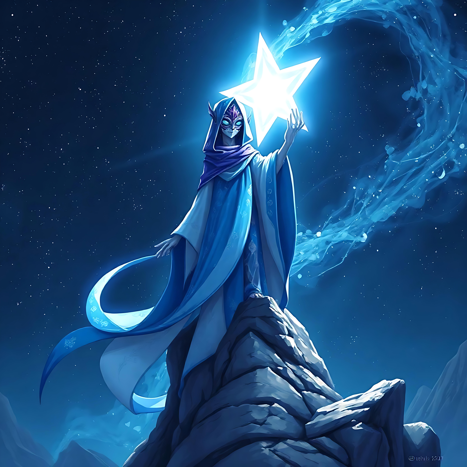 Un sorcier d'anime invoquant une étoile dans le ciel nocturne Personnage d'anime déguisé en sorcier levant une étoile brillante avec un ruban magique derrière sous un ciel nocturne.