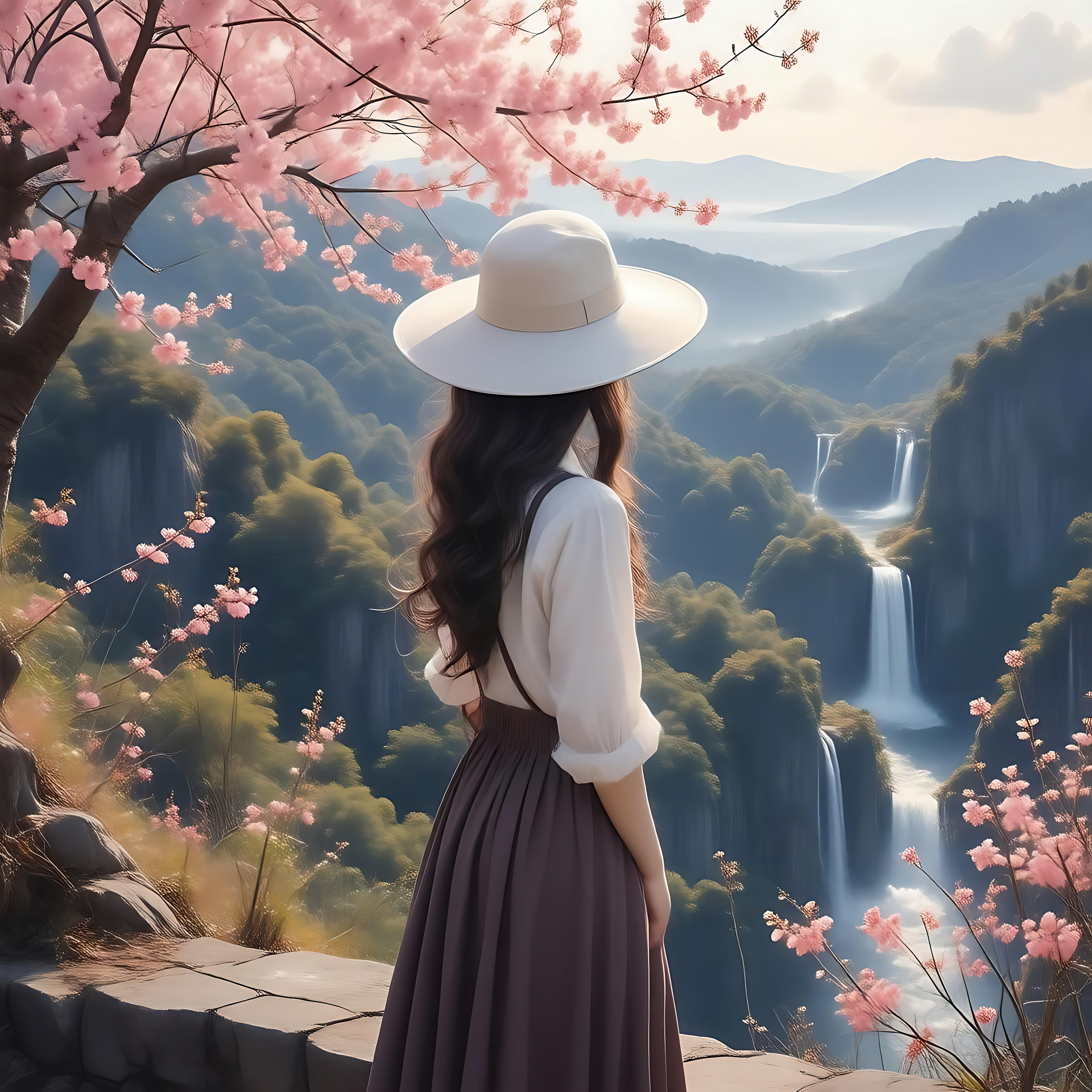 Ένα Γραφικό Ταξίδι Μέσα από την Anime Γαλήνη Έργο τέχνης anime που απεικονίζει μια γυναίκα με καπέλο να στέκεται κάτω από ανθισμένες κερασιές με καταρράκτες και λόφους στο φόντο.