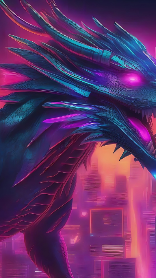Entfessle Kraft mit dem Neon Cyberpunk Drachen Hintergrundbild Ein lebendiger Neon-Cyberpunk-Drache schwebt über einer leuchtenden futuristischen Stadtskyline.