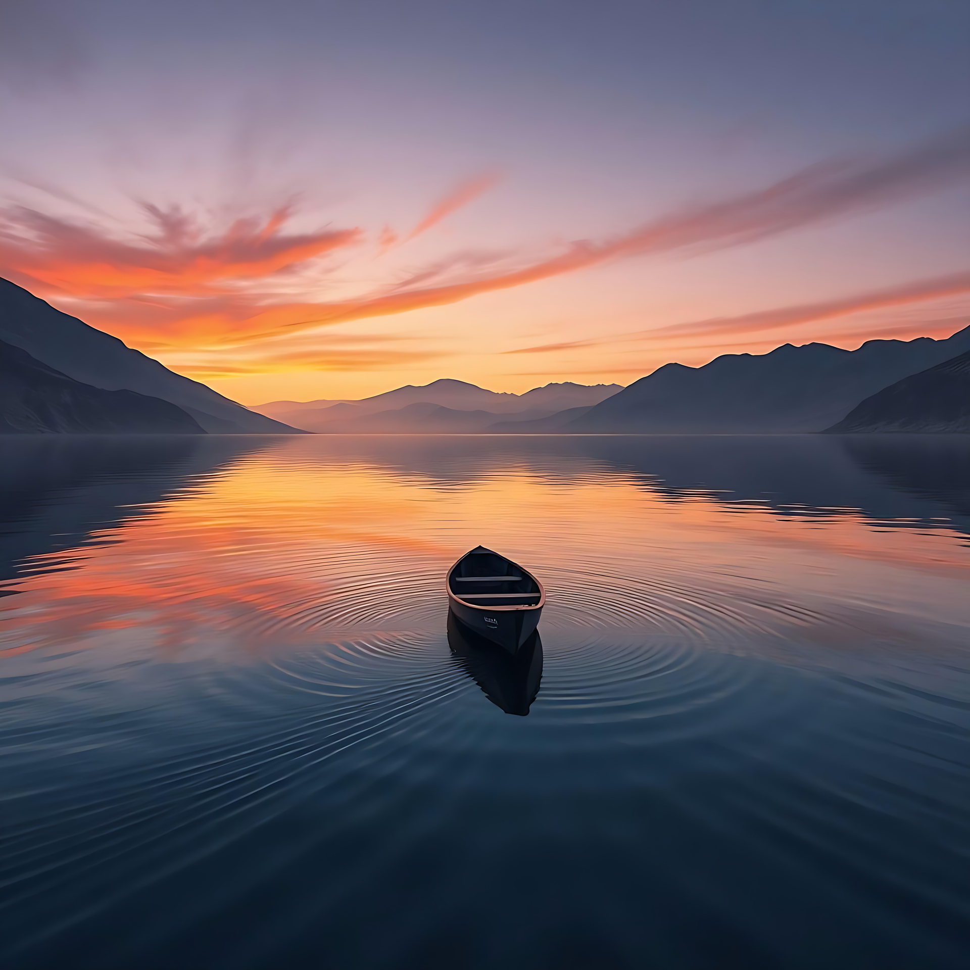 Barco Solitario en un Lago al Atardecer como un Espejo Un barco solitario flotando en un lago quieto durante un colorido atardecer con montañas a la distancia.
