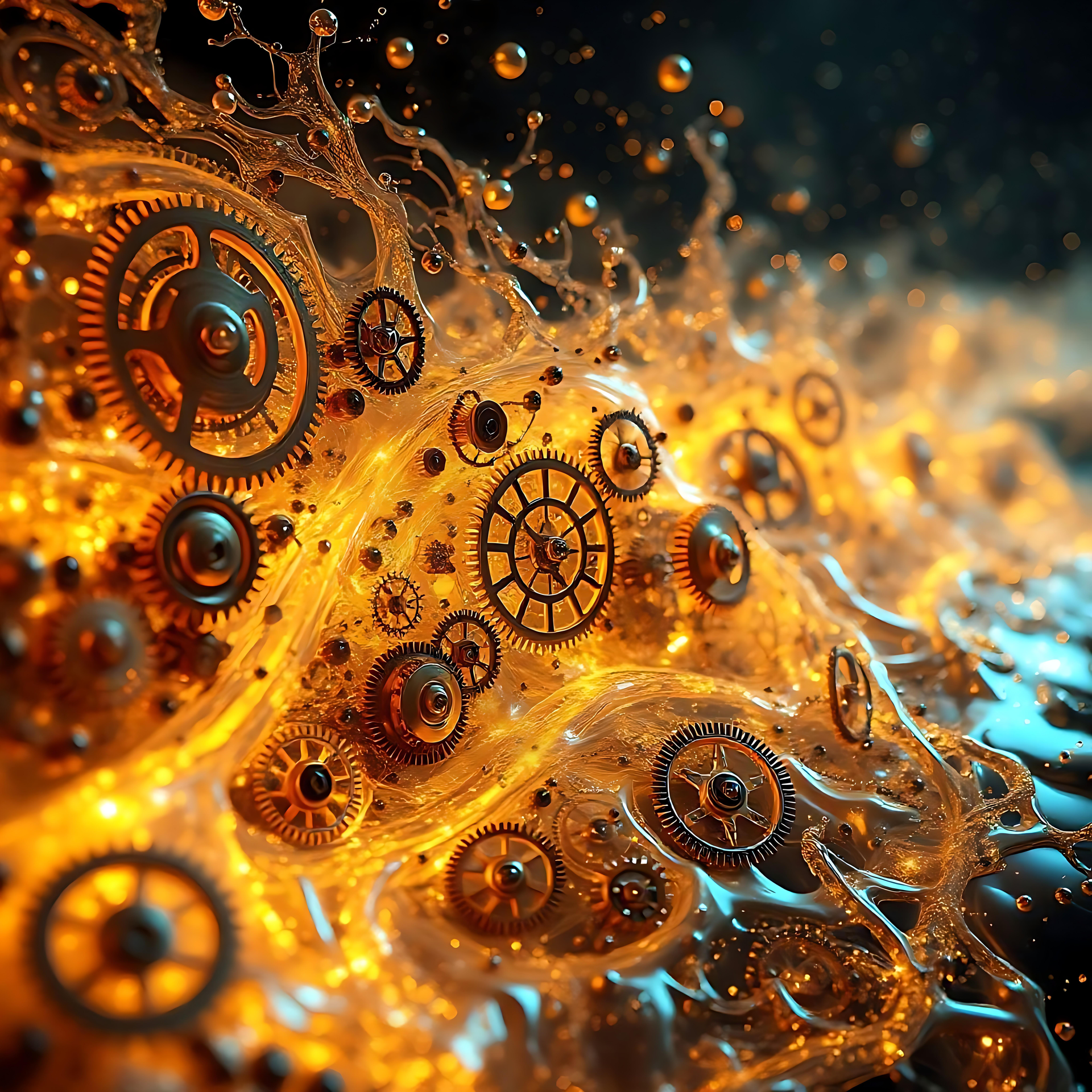 Eine Fusion aus Zahnrädern und Flammen: Abstrakte Intrige Abstrakte mechanische Komposition mit glühenden Zahnrädern und flüssigen Flammen in lebhaftem Orange und Gold.