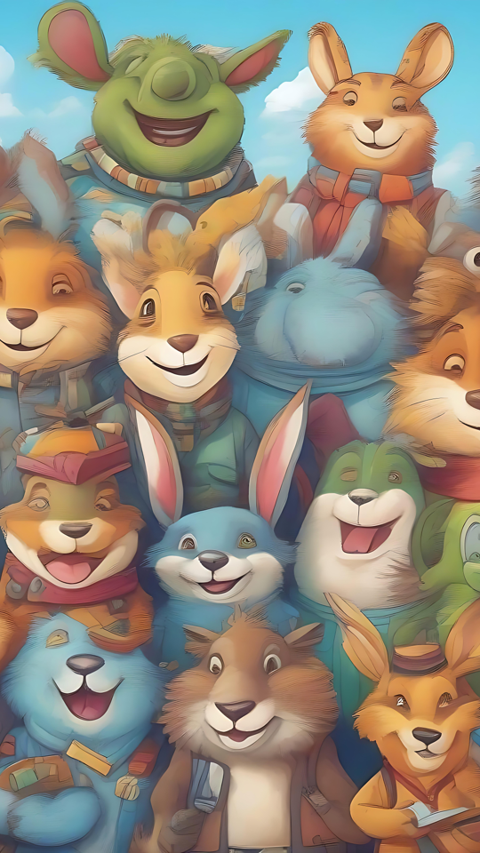 Ilustração Adorável de Amigos Animais de Volta às Aulas Uma ilustração de desenho animado mostrando um grupo de amigos animais alegres em um cenário com tema escolar.