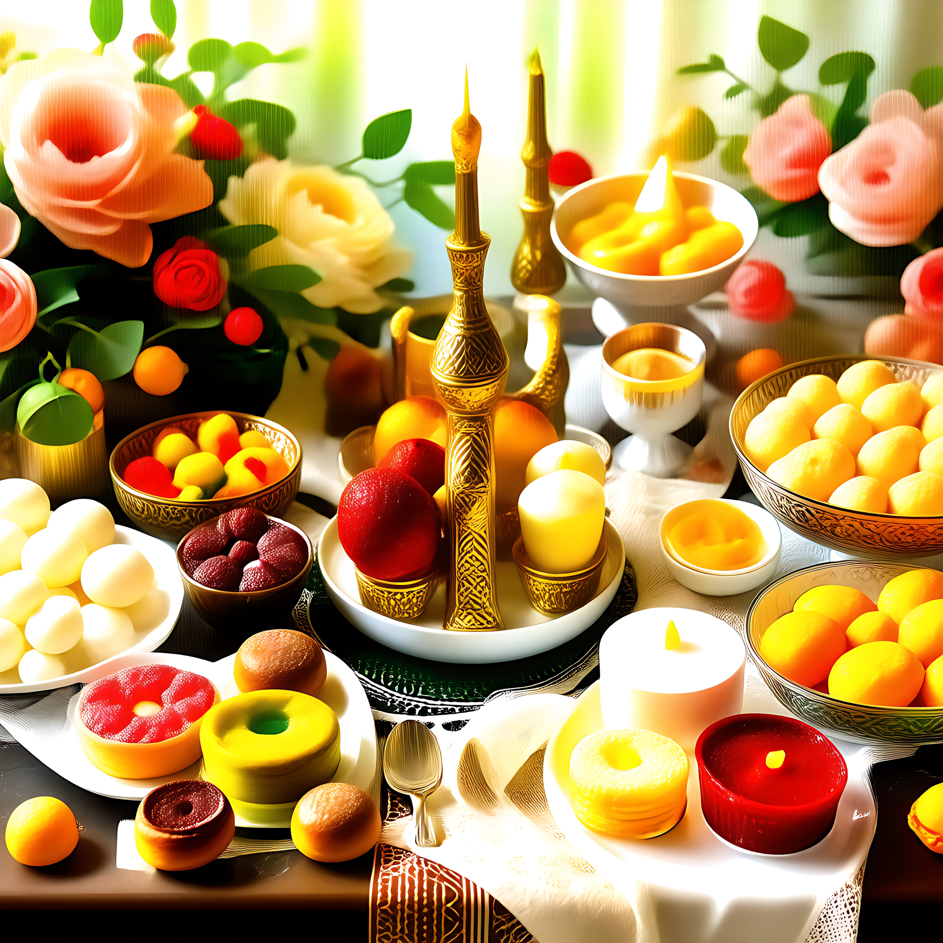 활기찬 축제: 이드 의 축제 식탁 전통적인 과자, 촛불, 꽃과 함께 다채로운 이드 테이블.