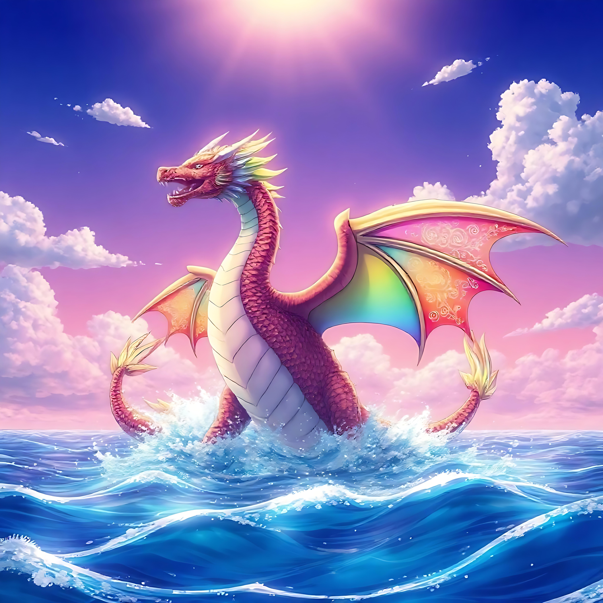 Dragon Néon Majestueux au-dessus de l'Océan Scintillant Un dragon anime vibrant surgissant de l'océan au lever du soleil avec des ailes aux couleurs néon et un arrière-plan éblouissant de ciels et de nuages roses.