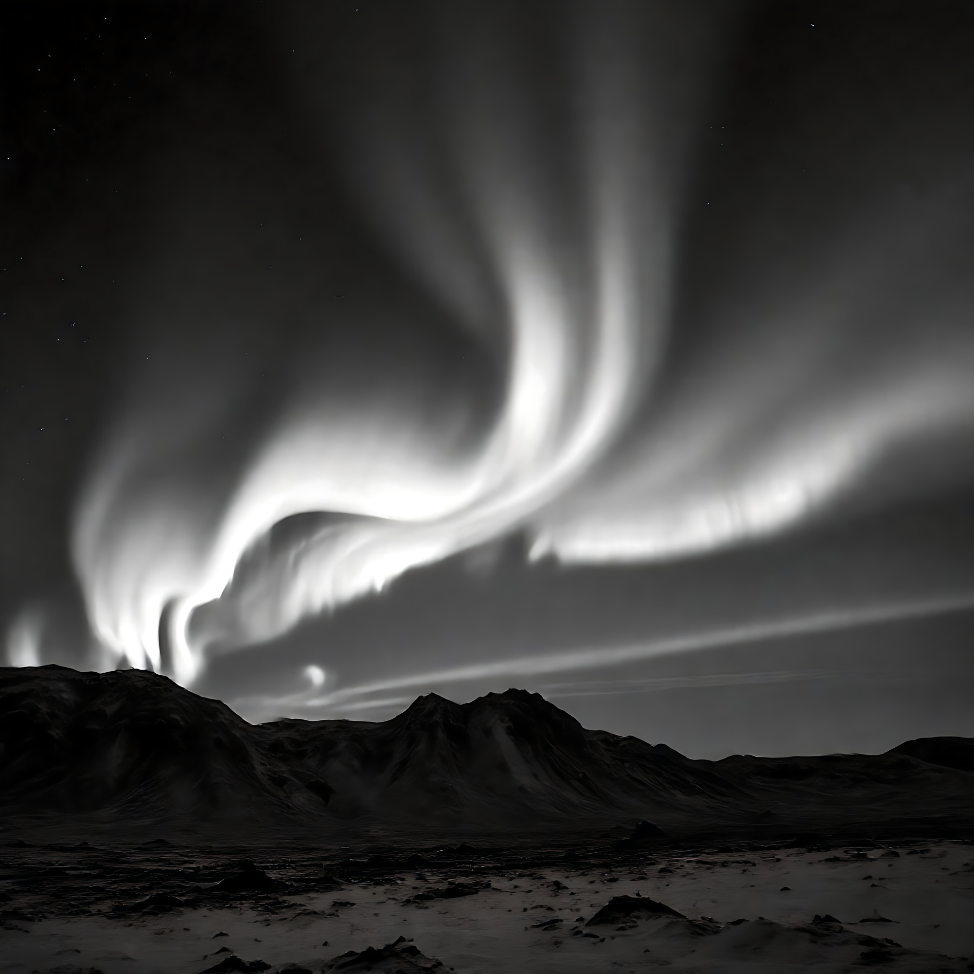 Aurores boréales envoûtantes en noir et blanc Aurores boréales en noir et blanc au-dessus d'un paysage de montagne