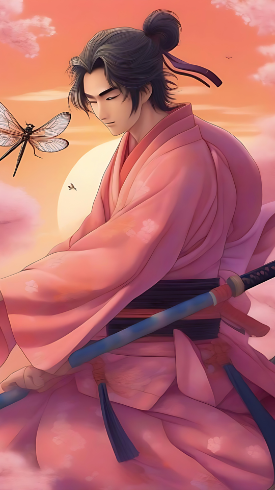 Rolig samurai-scene i en blomstfyldt solopgang Anime-kunstværk med en samurai i en lyserød kimono omgivet af blomstrende kirsebærblomster under solopgang med en guldsmed.