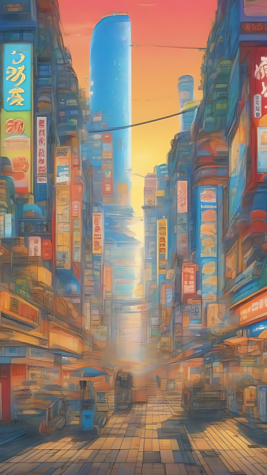 Rua Animada de Cidade Anime ao Pôr do Sol Rua de cidade anime brilhando com letreiros de néon ao pôr do sol