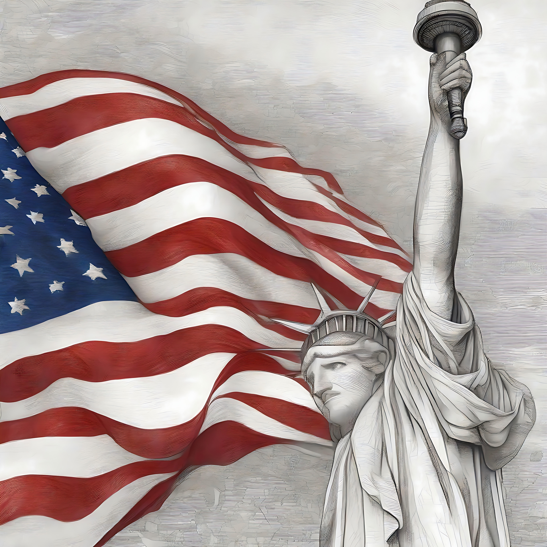 Tapet med Frihedsgudinden og Amerikansk Flag Frihedsgudinden ved siden af et viftende amerikansk flag - patriotisk kunst