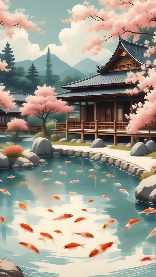 Ruhiger Kirschblütensee mit Koi-Fischen Ein ruhiger See im Anime-Stil mit Kirschblüten, Koi-Fischen und einem traditionellen japanischen Haus.