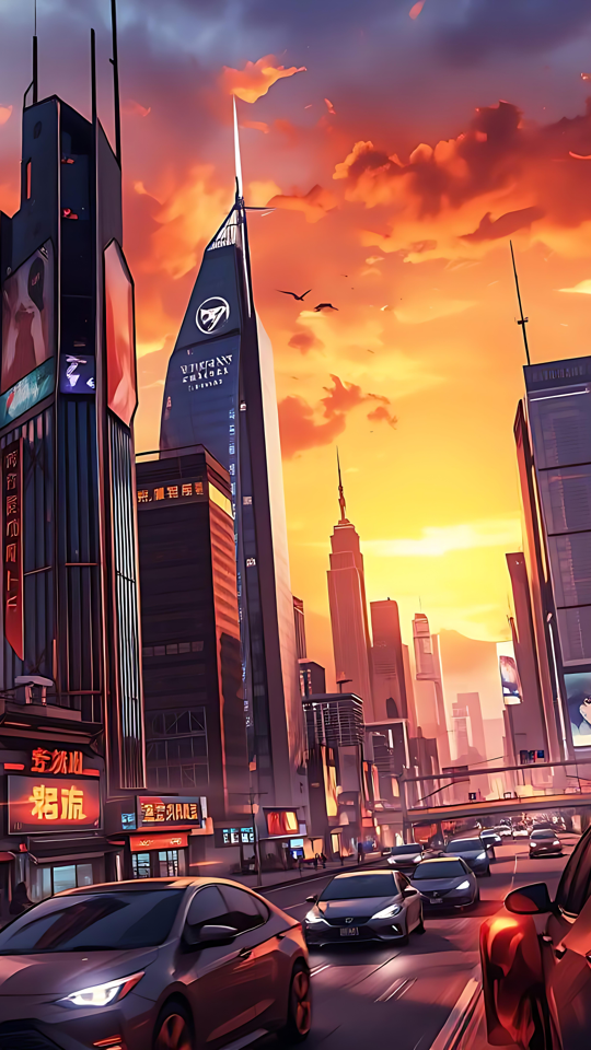 Anime-Stadtansicht, beleuchtet von atemberaubendem Sonnenuntergang Lebendige Anime-Stadtansicht, die in einem farbenfrohen Sonnenuntergang leuchtet, mit Wolkenkratzern, Autos und leuchtenden Werbetafeln.