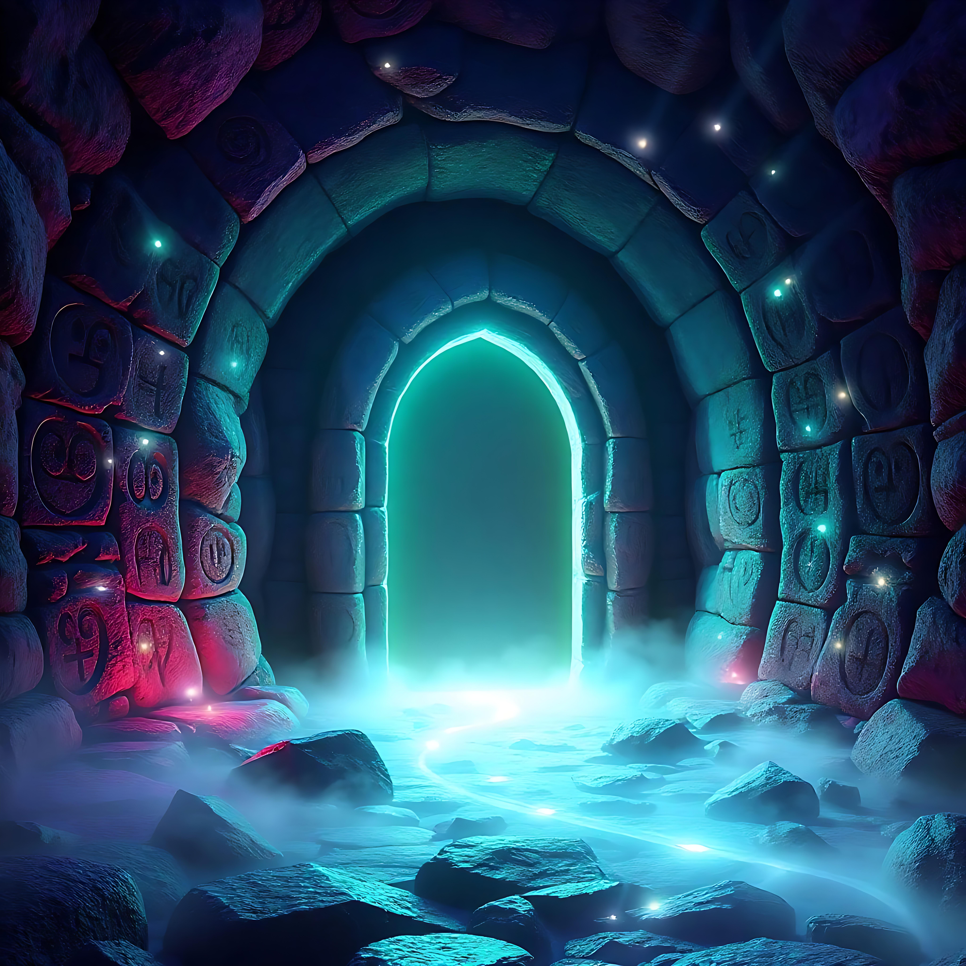 Mystical Portal in a Stone Archway A glowing stone portal surrounded by mystical lighting and mist in a fantasy 3D artwork.