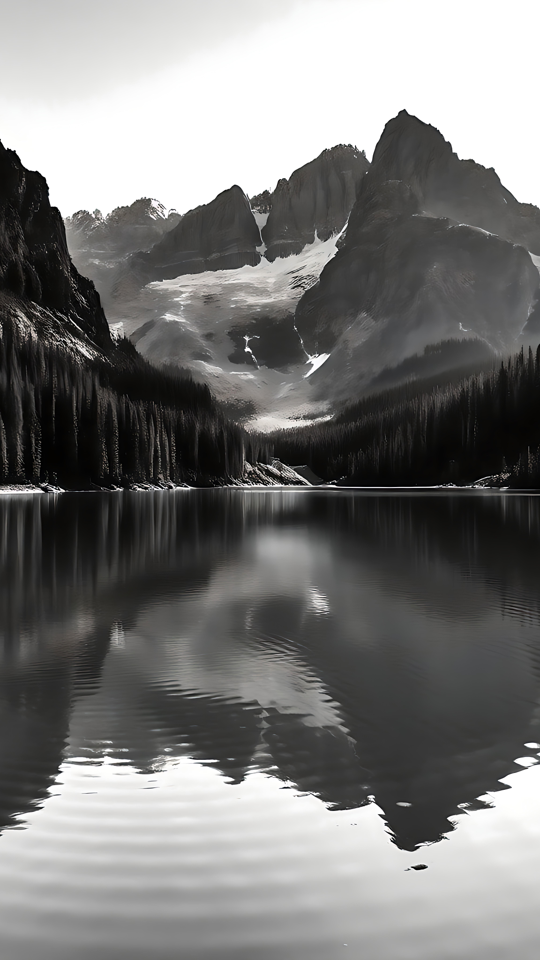 Zeitlose Eleganz in Monochrom eingefangen: Schwarz-Weiße Berglandschaft Schwarz-Weiß-Bild eines Berges, der sich perfekt in einem ruhigen See spiegelt, umgeben von Wald Bäumen.