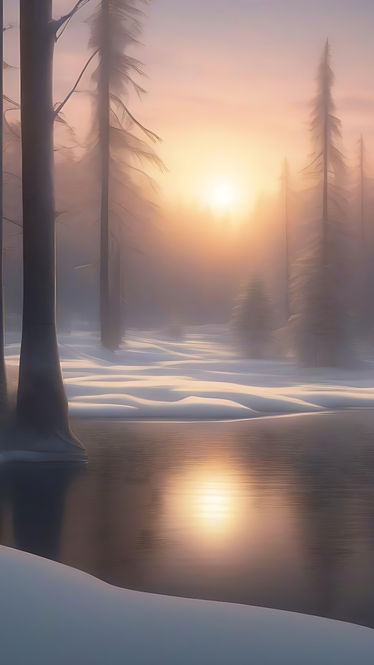 Un coucher de soleil serein au-dessus d'une forêt enneigée Un coucher de soleil d'hiver paisible au-dessus d'une forêt enneigée avec une rivière étincelante et de hauts arbres en silhouette.