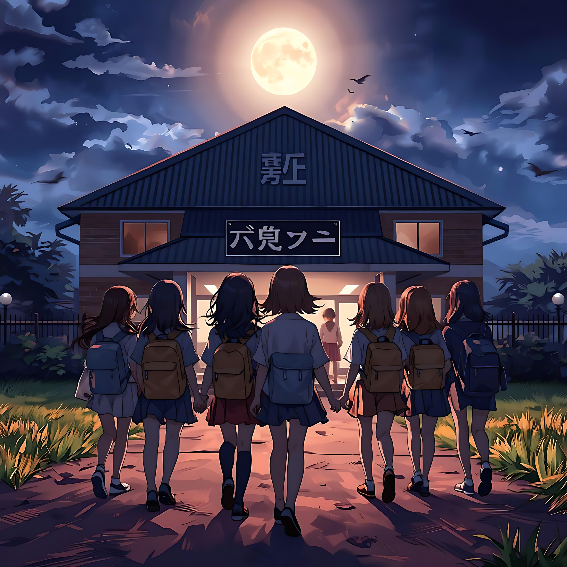 Under the Moonlight: A Journey Back to the Dorm Anime students walking towards a moonlit dormitory at night.
