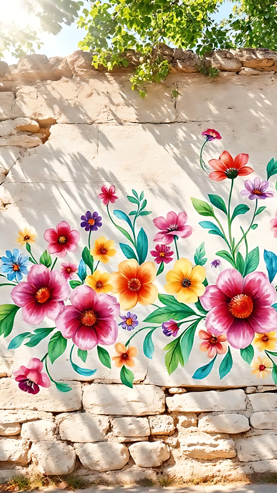 Flores vivas numa parede de pedra iluminada pelo sol Mural floral colorido numa parede de pedra rústica iluminada pelo sol com árvores por cima.