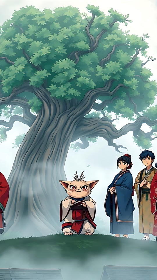 Reunião do Clã Sagrado sob a Grande Árvore Anime Clã de anime reunido sob uma grande árvore sagrada no meio de uma aldeia enevoada.
