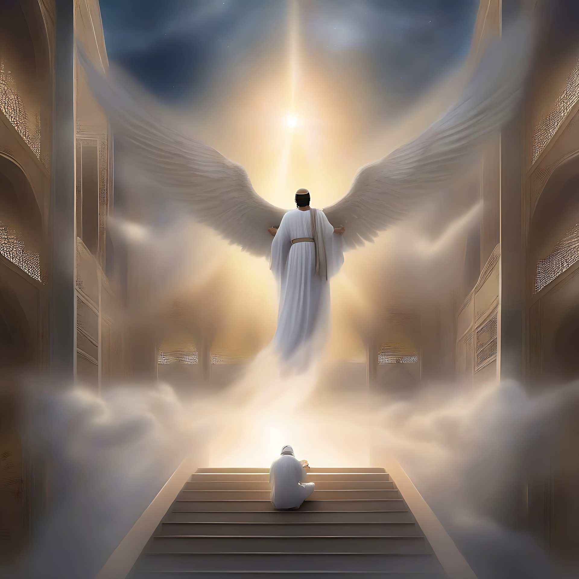 Heavenly Ramadan Serenity: Angel in Light Angelic figure illuminated in divine light during Ramadan with a kneeling worshiper.