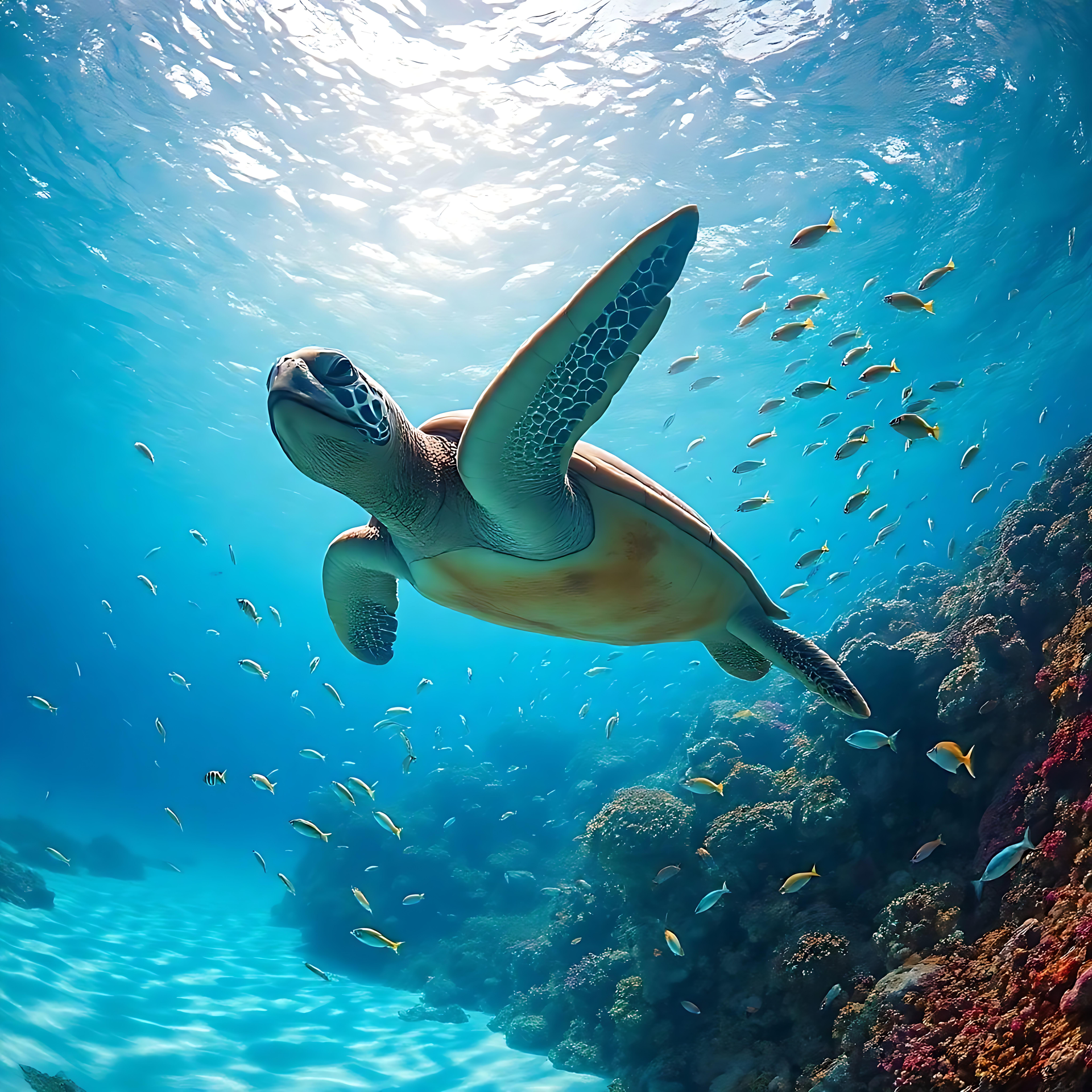 Majestuöse Meeresschildkröte Anime Tapete Eine Meeresschildkröte im Anime-Stil, die unter Wasser schwimmt und von bunten Korallen und Fischen umgeben ist.