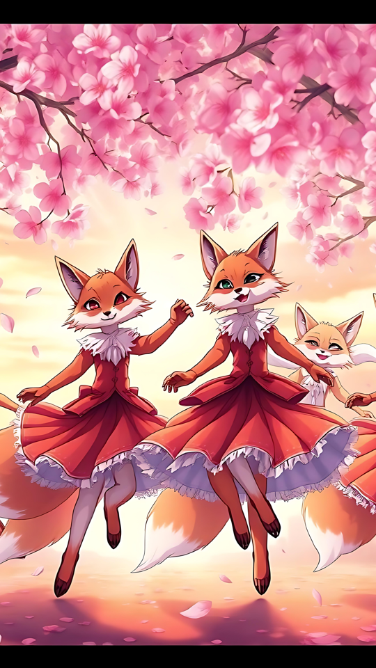 Raposas dançando sob as flores de cerejeira Um grupo de raposas antropomórficas em vestidos elegantes dançando sob as flores de cerejeira em estilo anime.