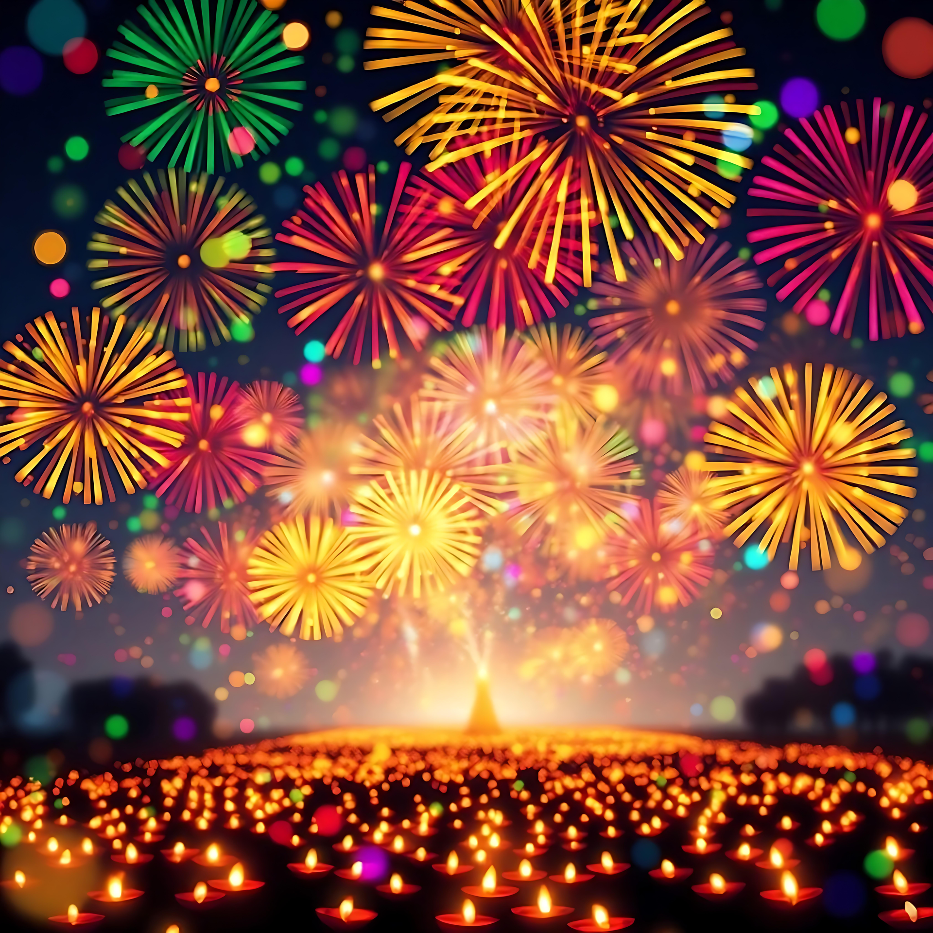A Spectacular Celebration of Colors and Lights: Diwali Night An artistic depiction of Diwali with vibrant fireworks in the sky and glowing diyas on the ground.
