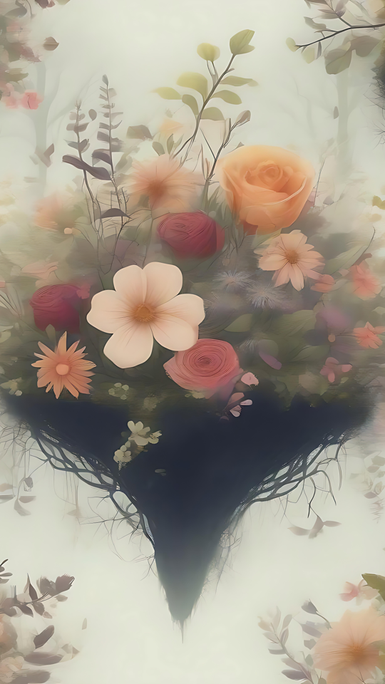 Buquê Flutuante Gracioso: Uma Obra-prima Floral Bouquet etéreo de flores flutuantes com rosas pastel, margaridas e folhagens, contra um fundo pálido.