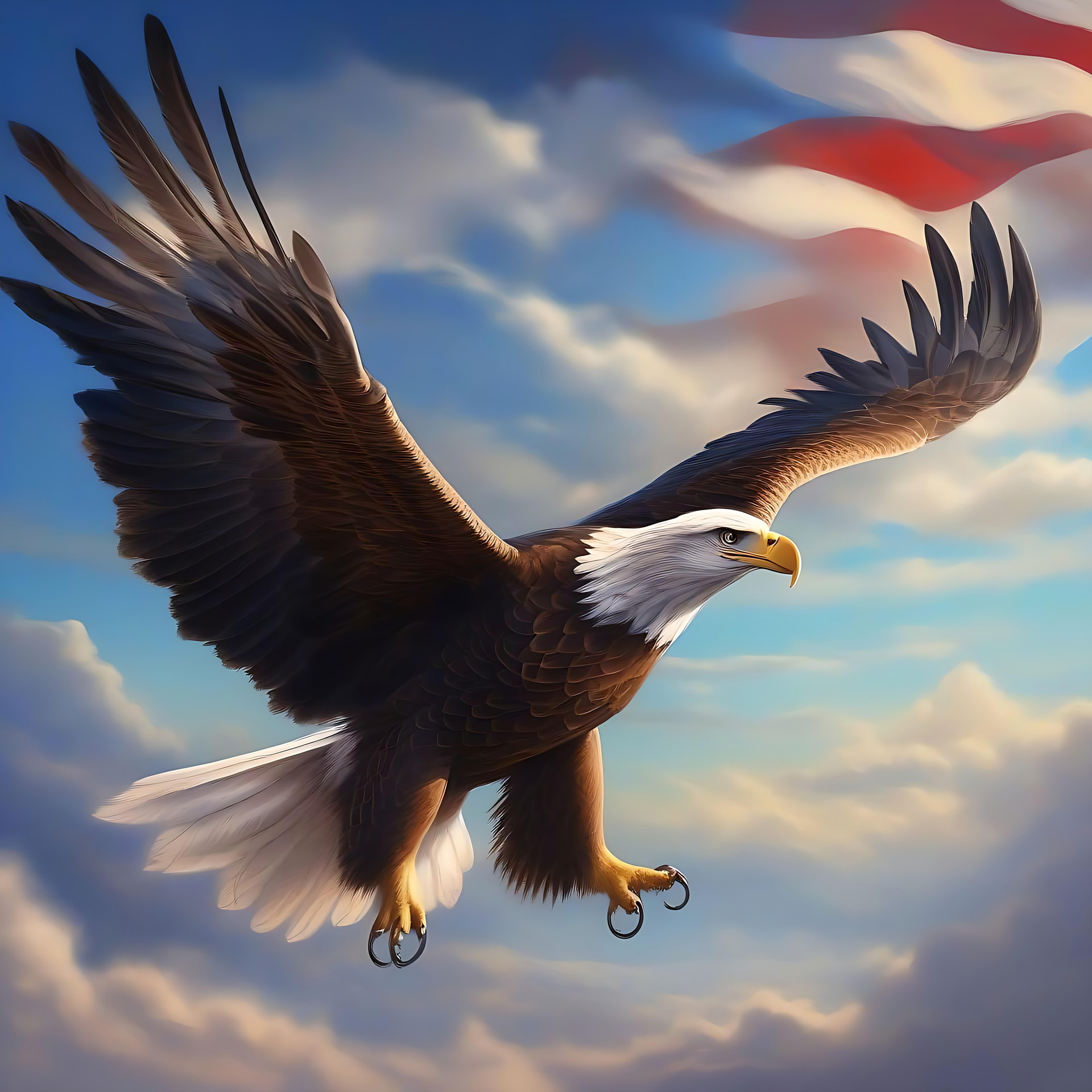 Svåvande vithövdad örn med den amerikanska flaggan En svävande vithövdad örn med utbredda vingar, med den amerikanska flaggan viftande i bakgrunden.