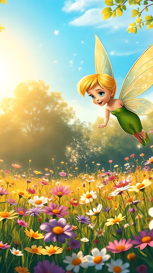 A Magical Disney Fairy in Nature's Warm Embrace A glowing Disney-inspired fairy hovering over a vibrant field of colorful wildflowers under a golden sunlit sky.