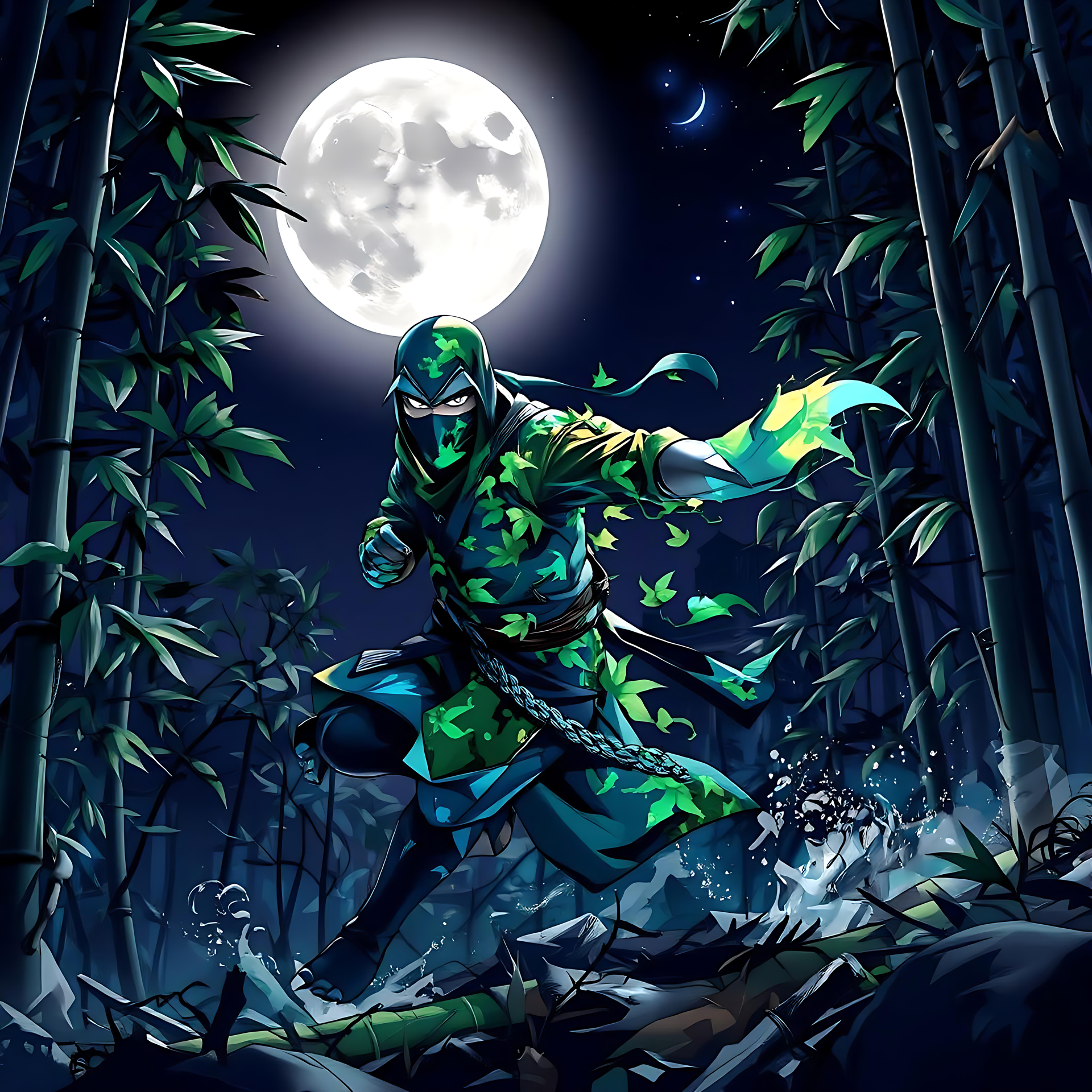 Ninja Sigiloso en Bosque de Bambú Iluminado por la Luna Ninja de anime en un bosque de bambú iluminado por la luna con una luna llena resplandeciente al fondo.