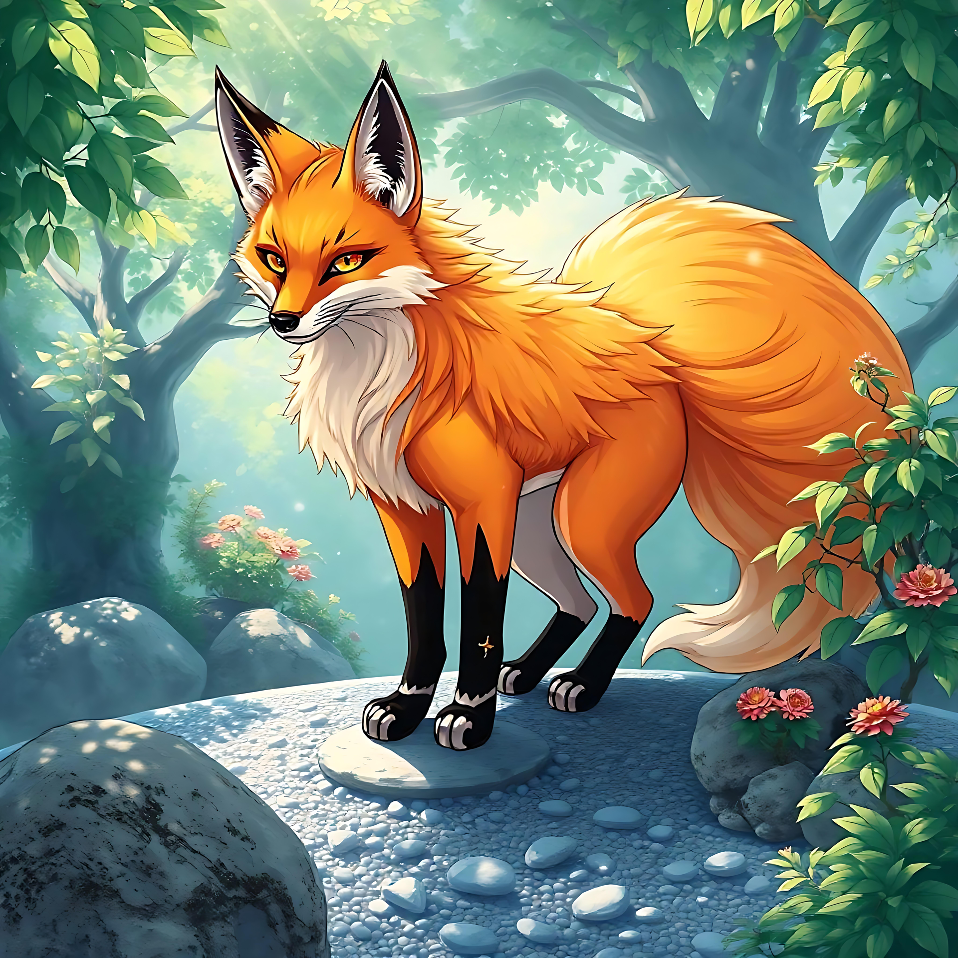 Renard Anime Gracieux Au Milieu de l'Enchantement Magnifique renard anime debout dans une forêt enchantée et ensoleillée, entouré de verdure et de fleurs.