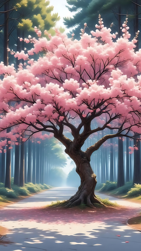 Büyüleyici Bir Anime Ormanında Büyülü Sakura Ağacı Gizemli bir ormanda çiçek açan anime sakura ağacı, çam ağaçlarının arasından süzülen güneş ışığı ile.