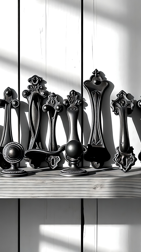 Elegancia minimalista de herrajes en blanco y negro Disposición artística minimalista en blanco y negro de herrajes de metal ornamentado en un estante de madera.